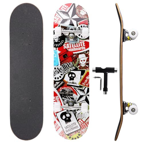 Image of Skull & Wolf Professional Double Kick Skateboard, 31 inch Maple Deck, ABEC-9 Bearings, 97A PU Wheels