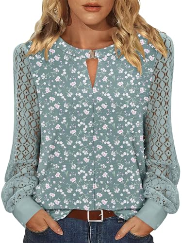 KISSMODA Playful Ditsy Floral Blouse - Lace Cuff Puff Sleeves V-Neck Multi Green Matches Overalls for Weekend Brunch & Complements Sundresses for Girls Days XXL