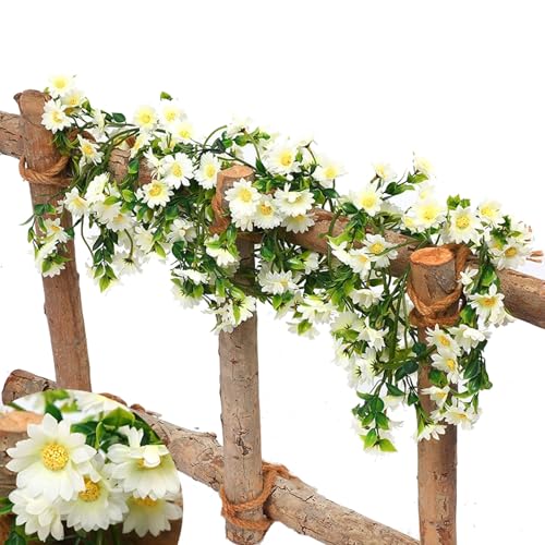 6.9FT Artificial Daisies Flowers Garland Vine, Fake Flowers Cherry Blossom Spring Garland, Silk + Plastic Fake Hanging Flowers for Wall Party Wedding Arch Floral Decor Home (White)