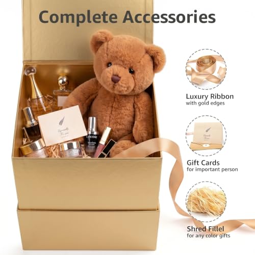 Image of LIFELUM Gold Square Gift Box 10.2 x 10.2 x 10.2 inch, 1 Pack Luxury Magnetic Gift Box with Lid, Card, Ribbon, Shredded Paper Filler for Birthday, Business, Wedding, Graduation Gifts