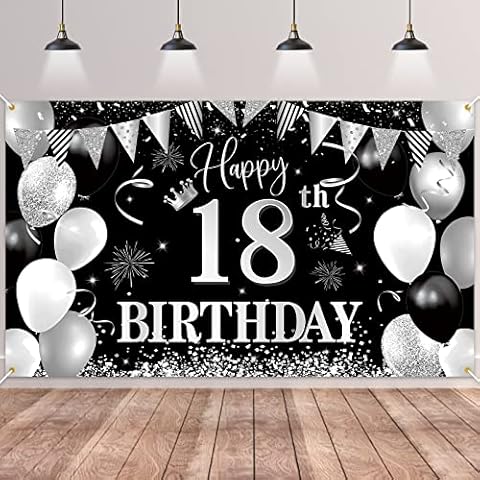 18th Birthday Backdrop Banner,BTZO Happy 18th Birthday Decorations,Black Silver Large Fabric Photo Backdrop Background for Boys Girls 18th Birthday Party,180×110cm Cover