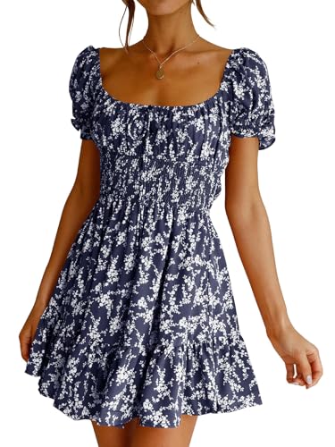Image of Imily Bela Womens Summer Dress Ruffle Sleeve Sqaure Neck Smocked Sun Dress Casual Boho Beach Floral Mini Dress