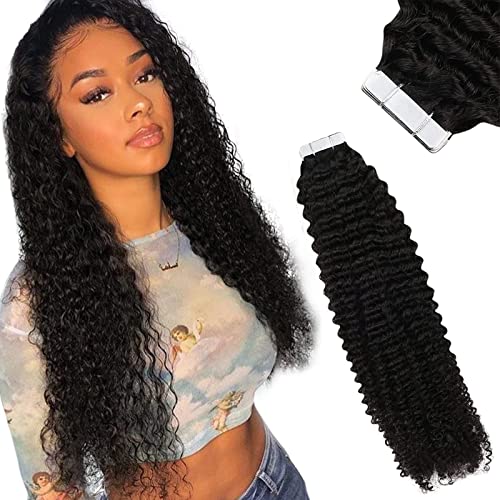 Tape in Hair Extensions Curly Human Hair Natural Black Kinky Curly Tape in Real Human Hair Extensions Tape in Human Hair Extensions Curly Seamless Skin Weft 18inch 50g 20pcs