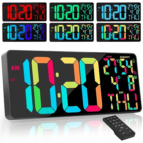 XREXS 18'' Reloj Digital Pared Grande con Cambio de Color RGB, Reloj Digital Pared con Control Remoto, Temperatura/Alarma/Fecha/Día (8 Idiomas)/Alarma/DST, Reloj de Pared Digital LED Brillo Ajustab