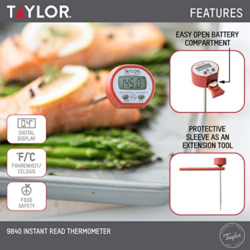 Image of Taylor Instant Read Digital Meat Food Grill BBQ Cooking Kitchen Thermometer, Comes with Pocket Sleeve Clip, Red