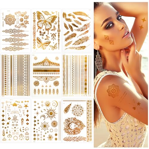 Gold Temporäre Tattoos Erwachsene, 110+ Festival...