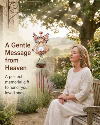 Image of Angel Solar Wind Chimes for Outside: Metal Outdoor Memorial Decor | Easy Hanging for Garden Patio Tree Window - Melodious Birthday Gifts for Women Mom Grandma