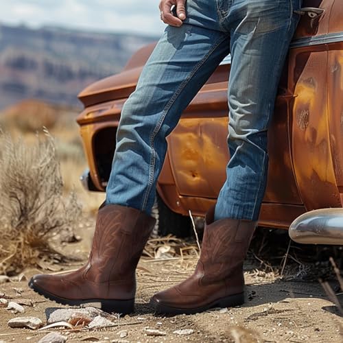 Rollda Cowboy Boots For Men Western Boots Men'S Square Toe Chunky Heel Mid-Calf Boots Classic Embroidered Pull On Tabs Brown Size 9 thumb #6