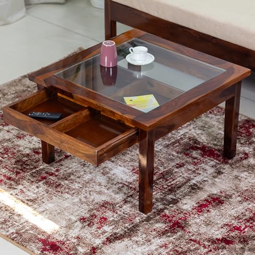 Image of Solid Sheesham Wood Coffee Table for Living Room | Center Table with Clear Glass Top and Large Storage Drawer | Premium Wooden Teapoy | Honey Finish | Fully Assembled | (70 x 70 x 46 CM)