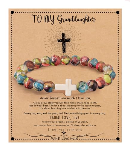 Image of Cross Bracelets for Women, Christian Gifts for Women Stocking Stuffers for Teens Cross Bracelet Imperial Nature Stone Bead Bracelet Confirmation Baptism Gift for Teen Girls Christmas Religious Gift Cathlic Faith Jewelry