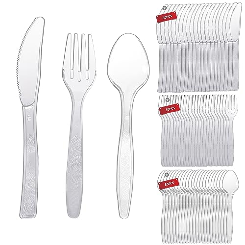 Lot de 90 couverts réutilisables transparents, comprend 30 fourchettes, 30 cuillères, 30 couteaux, parfait pour anniversaires