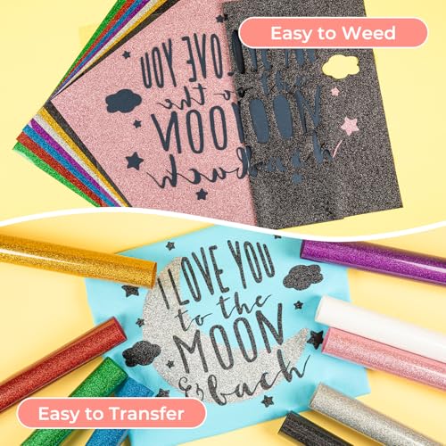 Image of HTVRONT Glitter HTV Heat Transfer Vinyl Bundle: 10 Pack 12 inchx12 inch Iron on Vinyl for T-Shirt (1 PTFE Sheet Included), PU HTV Easy to Cut & Weed for Heat Design