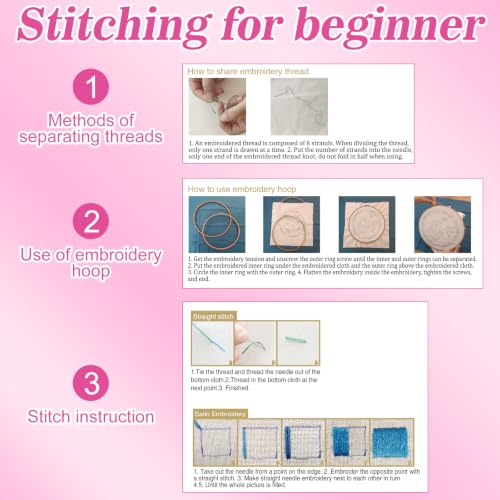 Image of Mindsoft 3 Set Needlepoint Kit for Beginners with Hoop,Pink Halloween | Bamboo Hoop Thread Needles Instructions, Easy Hand Embroidery for Beginners Home Crafts,Pre-stamped Funny Cute Designs
