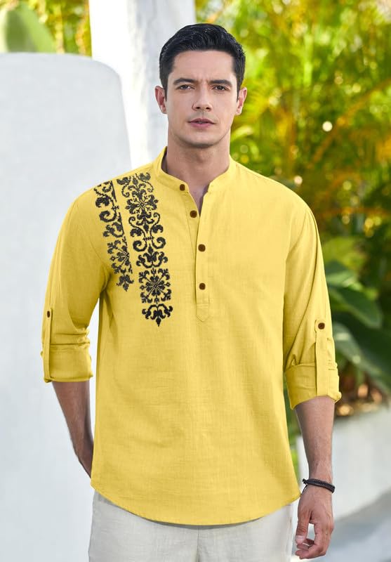 Image of Macsivo Cotton Blend Solid Casual Short Kurta for Men Long Sleeve Mandarin Collar Stylish Shirt Kurta for Men