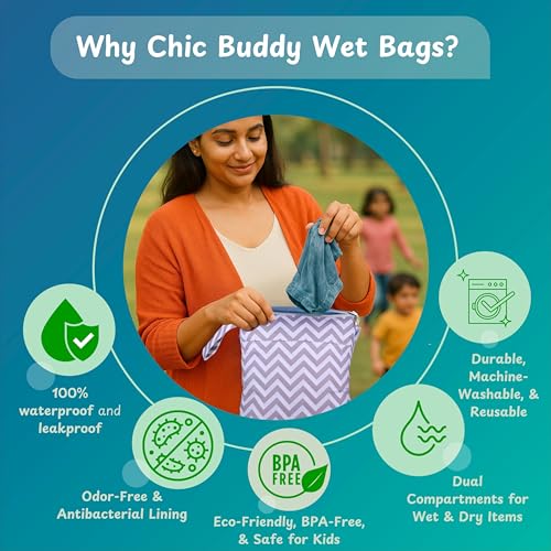 Chic Buddy Polyester Waterproof Wet Bag, Washable, Reusable for Travel, Beach, Pool, Stroller, Diapers, Dirty Gym Clothes, Wet Swimsuits, Toiletries (Explorer Pack, Wet Bag/Dry Bag), Multicolor