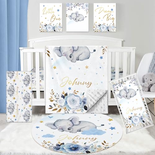 Image of Dyoart Personalized Baby Crib Bedding Set - 5 Piece Custom Baby Crib Sets with Name, Nursery Bedding Set for Baby Boys Crib Elephant Pattern Gift Idea Double Layer Blanket Set(Fixed Size)