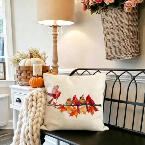 Image of Fall Pillow Covers 18x18 Inch Cardinal Birds Home Decor | Cardinal Birds Maple Leaves, Decorative Autumn Thanksgiving Harvest, Lumbar Cushion Case, For Home Sofa Couch