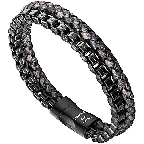 Murtoo - Pulsera de hombre de acero, pulsera de piel y piedra natural con cierre magnético, paquete de regalo Grigio, Nero