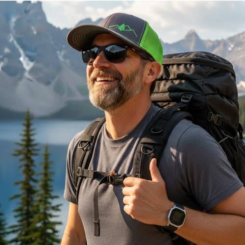 Image of LINDO Trucker Hat [ Great Outdoors Design ] for Men and Women: Mid Profile Cap with Breathable Mesh Back and Adjustable Snap
