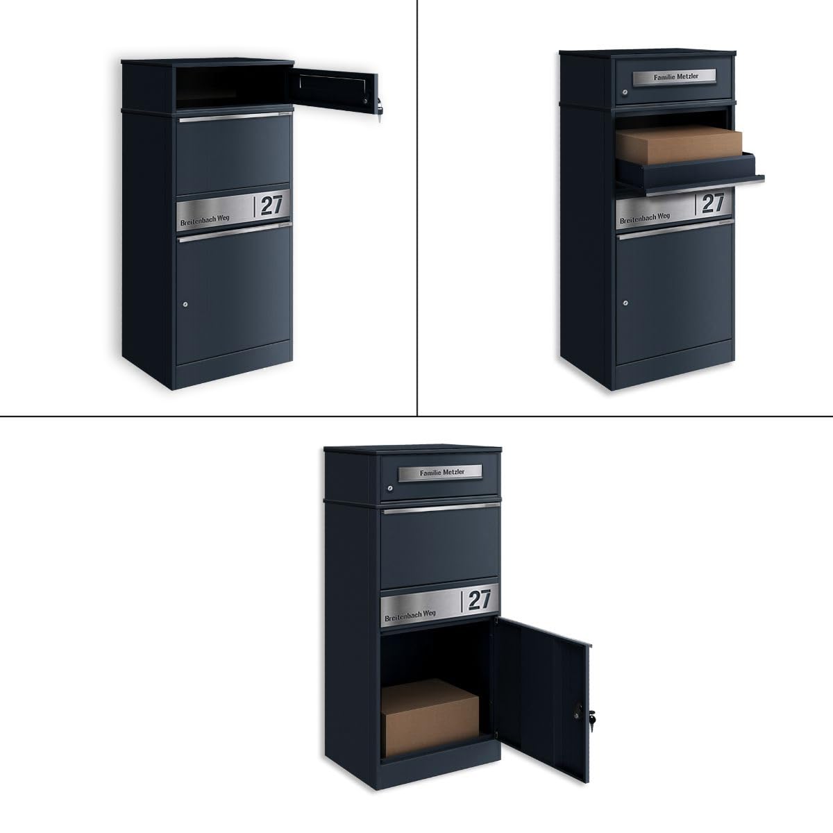 Metzler cassetta postale pacchi con doppio vano lettere e pacchi acciaio inox incisione personalizzata RAL7016 grigio antracite resistente intemperie design moderno 10 anni ricambi