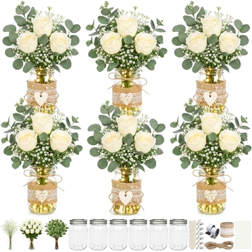 Cinrobiye 6 Sets Rustic Wedding Centerpieces for Tables with Mason Jars, White Rose and Eucalyptus Floral Arrangements, Bridal Shower, Baby Shower, Engagement Party and Farmhouse Table Decorations