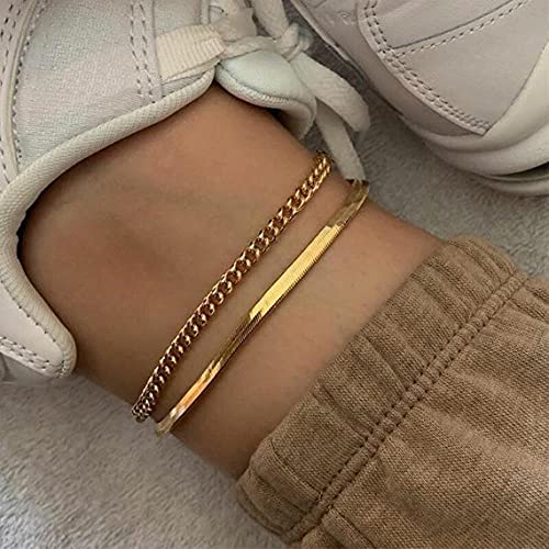 Mideeo Herringbone Chain Anklet For Women 14K Gold Filled Flat Snake Chain Anklet Dainty Simple Layering Cuban Snake Ankle Bracelet Summer Trendy Anklet Foot Bracelet #TOP2