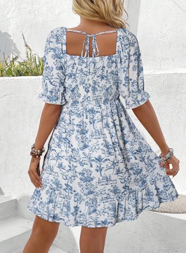 Image of Dokotoo Womens Casual Summer Dresses Short Sleeve Square Neck Smocked Boho Floral Sundress Flowy A-Line Mini Dress
