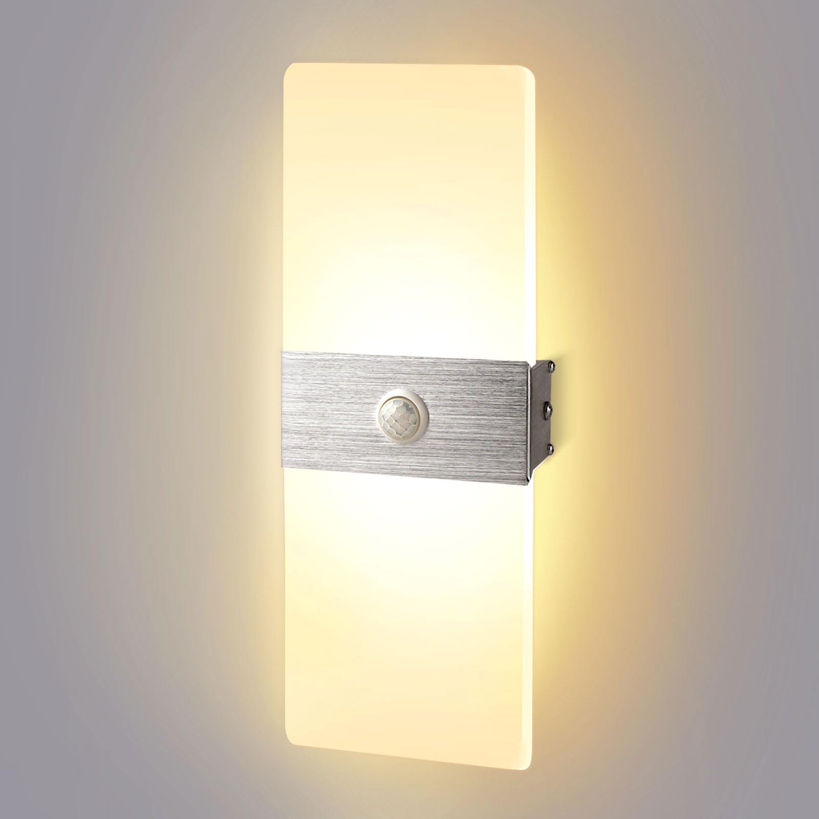 JaneYi LED Wandleuchte mit Bewegungsmelder 12W Moderne Wandlampe Innen Warmweiß 3000K Wandbeleuchtung Innen Acryl Aluminium Lampe Wand für Flur Treppenhaus Balkon Wohnzimmer Schlafzimmer