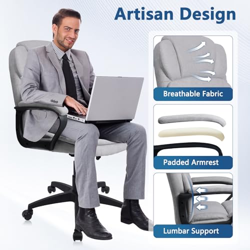 Image of CLATINA Grey Cloth Office Chair Fabric Covered Desk Chair, Adjustable Height Swivel Chairs Ergonomic Executive Chair with Arms and Wheels Comfortable Upholstered, 350 LBS