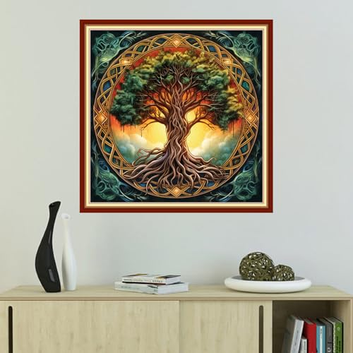 Image of Foxhool Beginners Cross Stitch Kits Stamped Full Range of Embroidery Kits for Adults DIY Cross Stitches kit Embroidery Patterns for Needlepoint kit-Magic Tree 18x18 inch