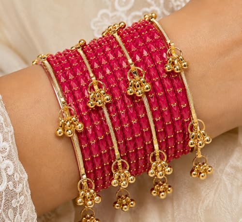 Image of JPS 16 Pcs Trendy Stylish Glass & Kashmiri Ghungroo Bangles Set for Women & Girls | Gold-Plated Traditional Festive Wedding Party Jewellery Chudi Set (12 Glass + 4 Metal)