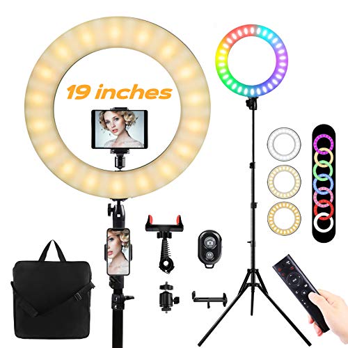 19 ''Anillo de luz LED con trípode Aro de luz Regulable10colores 23 Niveles de brillo 55W RGB FlashRing Light para maquillaje/Fotografía/VideoYouTube/Vlog/TIK Tok,Soporte telefónico,ipda, cámara
