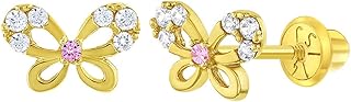14k Yellow Gold Young Girls Dainty Cubic Zirconia Butterfly Screw Back Earrings - Beautiful Stud Earrings for Toddlers and Young Girls with Safety Screw Backs - Small Kids Butterfly Earrings