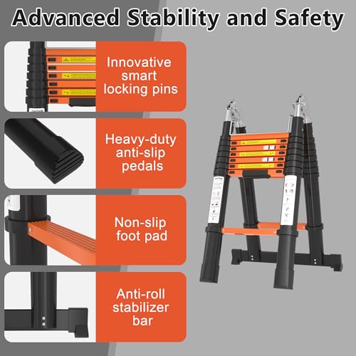 Image of Telescoping Ladder A Frame 16.5Ft with Stabilizer Bar, Black+Orange | 330 LBS Capacity, Aluminum, Collapsible Extension Ladder with Non-Slip Feet for House, Roof, RV & Travel Trailer