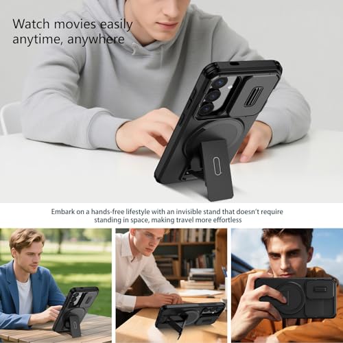 Image of ShieldTech MagStand Series Case for Samsung Galaxy S24 5G, Mobile Phone Cover with Sliding Camera Shield, MagSafe, Kickstand, Shockproof for Samsung Galaxy S24 5G - Black