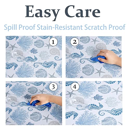 Coastal Fabric Tablecloth Nautical Seahorse Coral Print Waterproof Table Cloth For Rectangle Tables Beach Seashell Starfish Decor For Kitchen Dining Room Oblong Table Covers,60X84 Inches, Blue White #TOP3