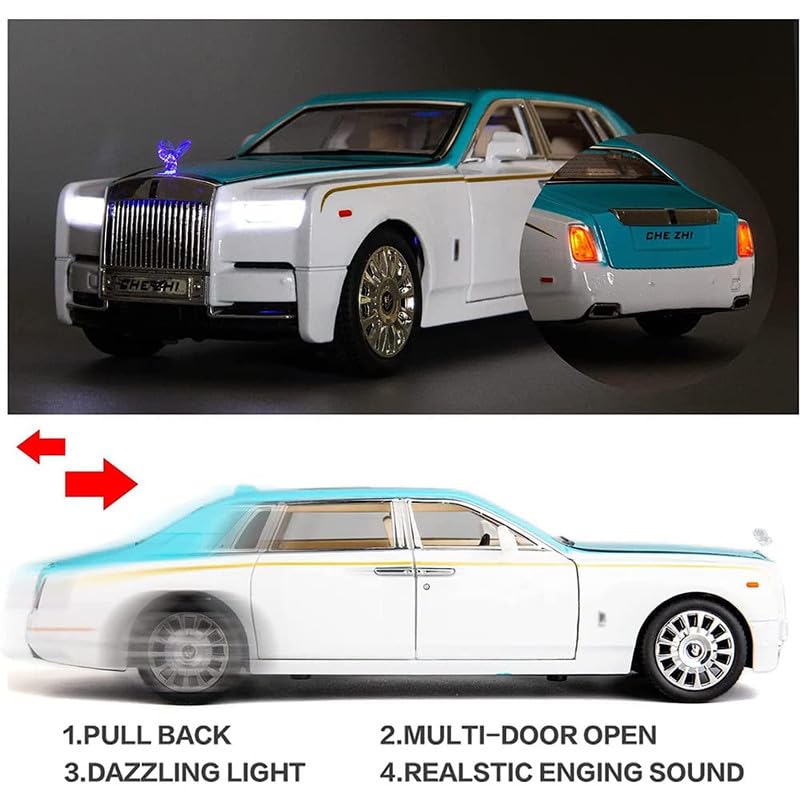 Image of Kids Model 1:24 Rolls-Royce Phantom Die Cast Metal Car Pull Back Action Opening Doors with Realistic Engine Sound Lights Toy Car Gift for Boys -Blue