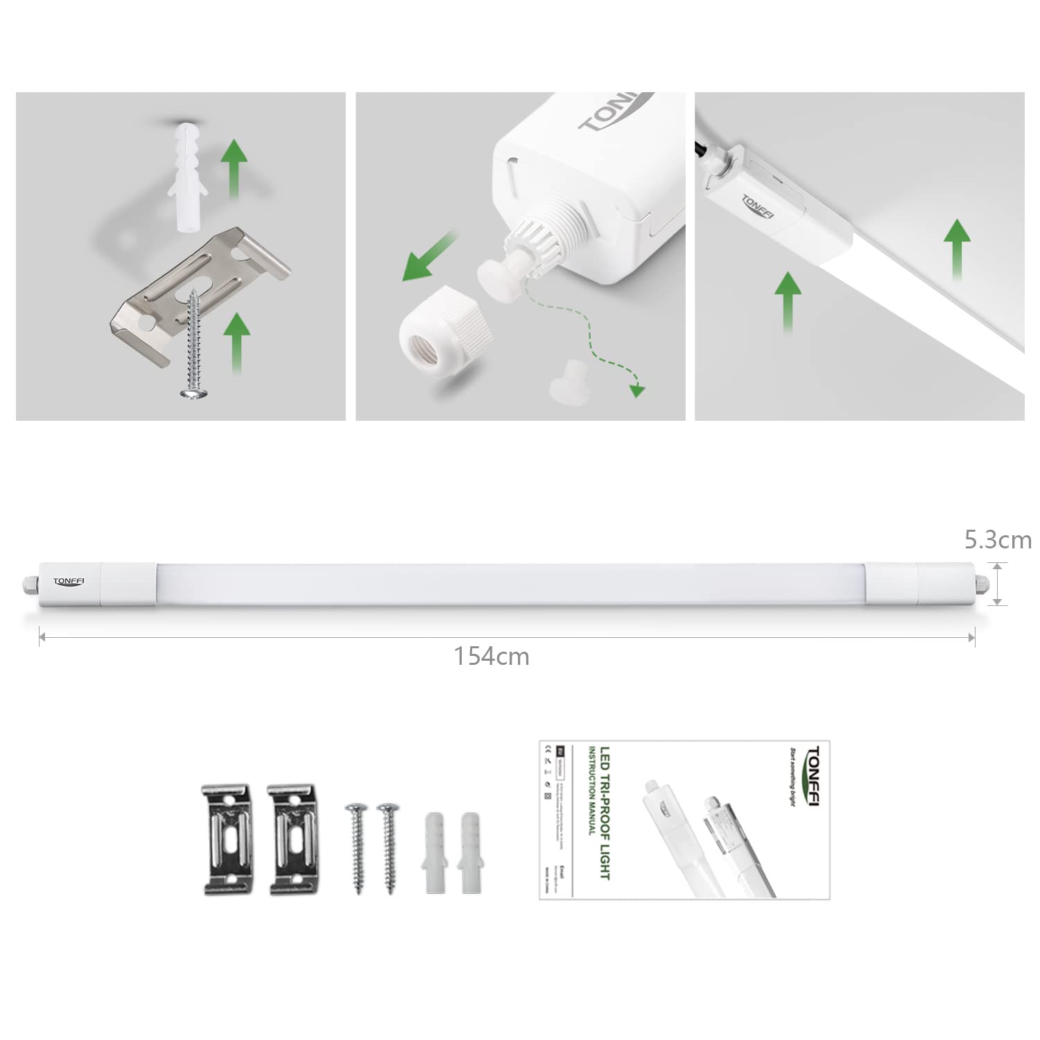 TONFFI LED Feuchtraumleuchte 150CM 4000K Neutralweiß 60W 7000LM IP65 Wasserfest