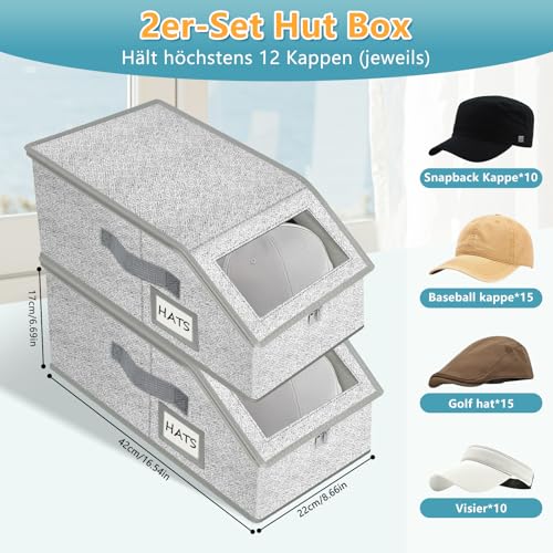 YHANEC 2er-Set Hut aufbewahrungsbox für Baseballkappen&Hüte, Klare Hut-Organizer mit klarem Fenster,Stapelbare Kappenhalter mit doppeltem Reißverschluss für Schrank und Regal