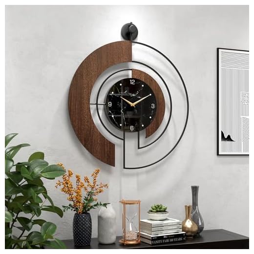 Modern Walnut Marble Dial Wall Clock, Large Wood Metal Frame Silent Non Ticking Wall Clocks for Living Room, Bedroom Decoration, Contemporary Home Wall Decor Gift Idea, 26.4 in