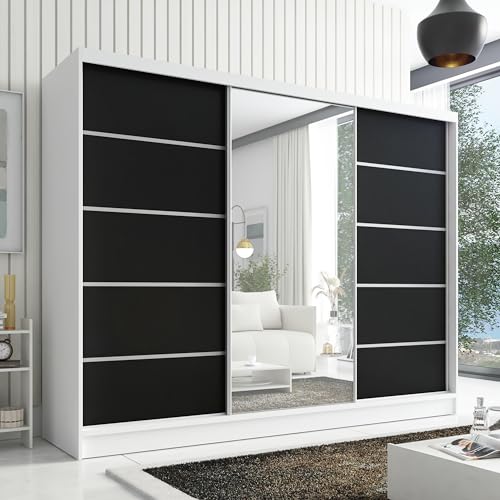 A&J MöbelLand Schwebetürenschrank ARIVA 1 Kleiderschrank 3-türig mit Schubladen und Spiegel Garderobenschrank 200 cm (Weiß/Schwarz)