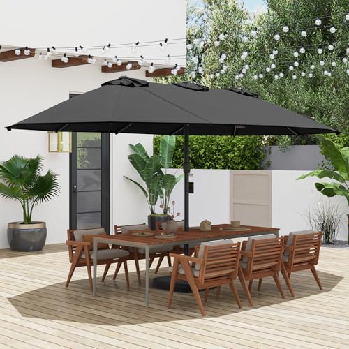 Image of Tangkula 15FT Double-Sided Patio Umbrella with Base, Extra-Large Market Umbrella W /Crank System, Outdoor Twin Umbrella W / 12-Rib Metal Structure & Air Vents for Garden, Backyard, Poolside
