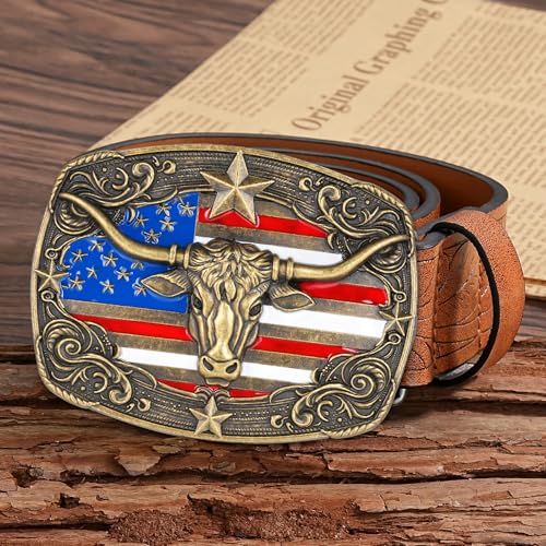 Image of Cowboy Belt Buckle for Men Western Cowgirl Rodeo Longhorn Bull Belt Buckles