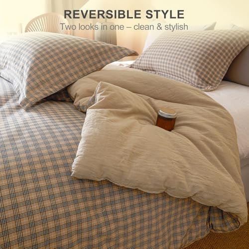 Image of 100% Cotton Comforter Set Queen Size - Reversible Yarn-Dyed Checkered Design, Soft Washed Cotton on Both Sides, Lightweight All-Season Bedding, Machine Washable(Beige Plaid, 90 inchx90 inch)