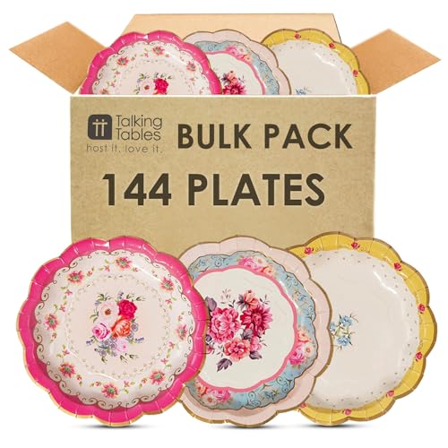 Talking Tables 144 x Vintage Floral Paper Plates Bulk Pack Pink Yellow, Truly Scrumptious Table Decorations, Disposable Tableware, Birthday, Mother's Day, Afternoon Tea Party, Baby Shower, 7’