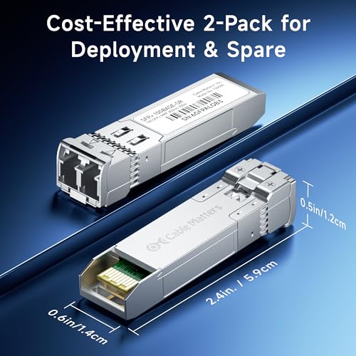 Image of Cable Matters 2-Pack 10GBASE-SR SFP+ to LC Multimode 10G Fiber Transceiver Module, 10G, MMP Fiber, Up to 300m, for Cisco, Ubiquiti, TP-Link, D-Link, MikroTik, Netgear, Supermicro, HPE Aruba