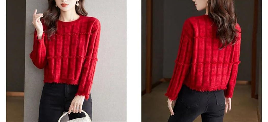 Sweter Damski Z Dzianiny, Okrągły Dekolt, Luźny, Z Frędzlami, Długi Rękaw, Swobodny, Ciepły, Modny Top-Gray-Medium