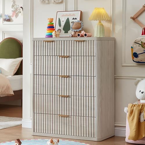 Image of LEYAOYAO Fluted 6 Drawers Dresser for Bedroom Set of 2, 42 inch Tall Modern Chest of Drawers with Metal Handle, Curved Profile Design,Wood Drawer Organizer for Bedroom, Living Room, Hallway,Lightgrey