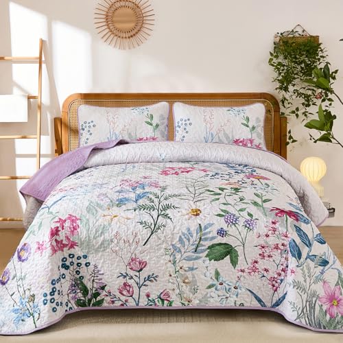 Yiran Floral King Quilt Bedding Set, Purple Colorful Bedspreads, 3