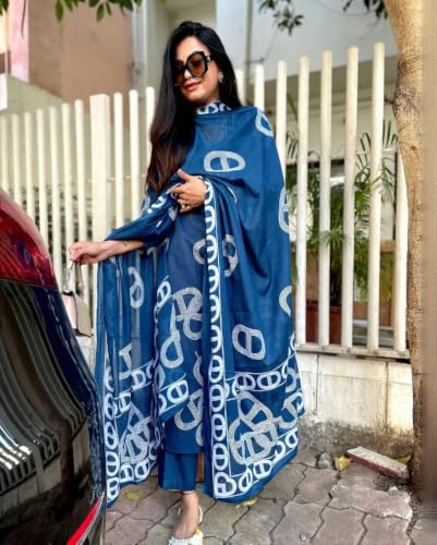 Image of Nermosa Women Printed Stragiht Kurta and Pant set with Dupatta | 3-Piece Set, White Geometric Print, Dupatta Included, Straight Palazzo, Ethnic Wear